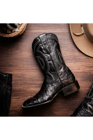 Marco Di Milano Alabama Black Exotic Ostrich Skin Cowboy Boot (MDM1223)-AmbrogioShoes