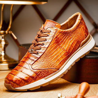 Marco Di Milano Alonzo Men's Shoes Cognac Genuine Caiman Crocodile Casual Sneakers (MDM1165)-AmbrogioShoes