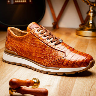 Marco Di Milano Alonzo Men's Shoes Cognac Genuine Caiman Crocodile Casual Sneakers (MDM1165)-AmbrogioShoes