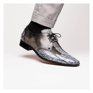 Marco Di Milano Anzio Newspaper & Gray Exotic Alligator / Calfskin Leather Derby (MDM1037)-AmbrogioShoes