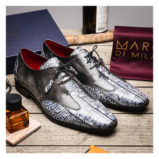 Marco Di Milano Anzio Newspaper & Gray Exotic Alligator / Calfskin Leather Derby (MDM1037)-AmbrogioShoes