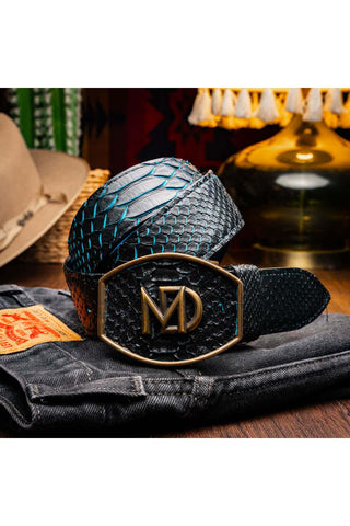 Marco Di Milano Arkansas Men’s Black & Blue Genuine Python Skin Belt (MDMB1046)-AmbrogioShoes