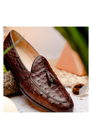 Marco Di Milano Aubiere Exotic Brown Ostrich Tassels Loafers (MDM1198)-AmbrogioShoes