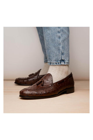 Marco Di Milano Aubiere Exotic Brown Ostrich Tassels Loafers (MDM1198)-AmbrogioShoes