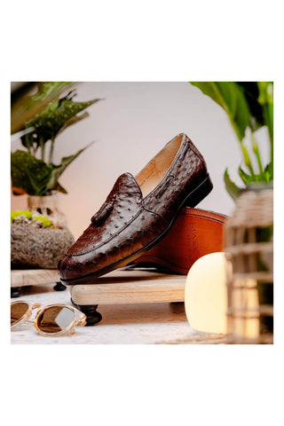 Marco Di Milano Aubiere Exotic Brown Ostrich Tassels Loafers (MDM1198)-AmbrogioShoes