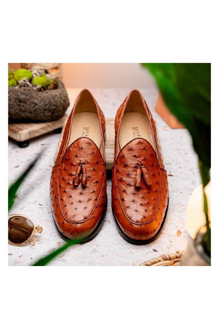 Marco Di Milano Aubiere Exotic Cognac Ostrich Tassels Loafers (MDM1198)-AmbrogioShoes