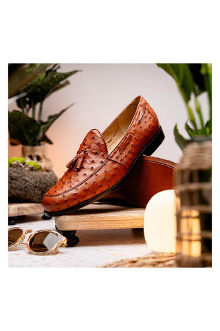 Marco Di Milano Aubiere Exotic Cognac Ostrich Tassels Loafers (MDM1198)-AmbrogioShoes