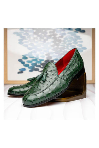 Marco Di Milano Aubiere Exotic Forest Green Ostrich Tassels Loafers (MDM1198)-AmbrogioShoes