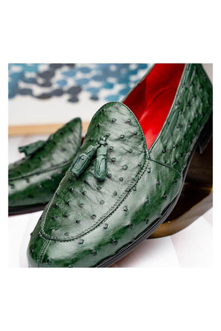 Marco Di Milano Aubiere Exotic Forest Green Ostrich Tassels Loafers (MDM1198)-AmbrogioShoes
