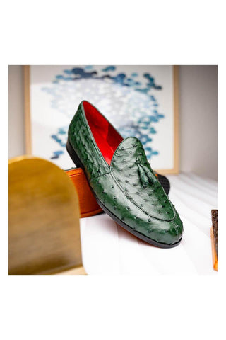 Marco Di Milano Aubiere Exotic Forest Green Ostrich Tassels Loafers (MDM1198)-AmbrogioShoes