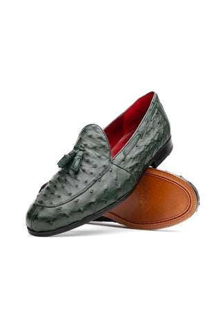 Marco Di Milano Aubiere Exotic Forest Green Ostrich Tassels Loafers (MDM1198)-AmbrogioShoes