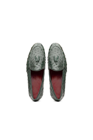 Marco Di Milano Aubiere Exotic Forest Green Ostrich Tassels Loafers (MDM1198)-AmbrogioShoes