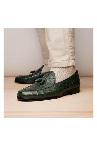 Marco Di Milano Aubiere Exotic Forest Green Ostrich Tassels Loafers (MDM1198)-AmbrogioShoes