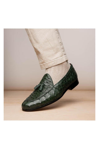 Marco Di Milano Aubiere Exotic Forest Green Ostrich Tassels Loafers (MDM1198)-AmbrogioShoes