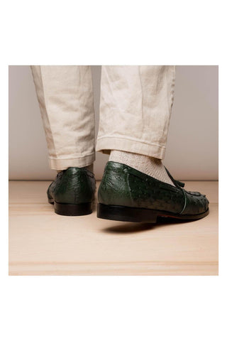 Marco Di Milano Aubiere Exotic Forest Green Ostrich Tassels Loafers (MDM1198)-AmbrogioShoes
