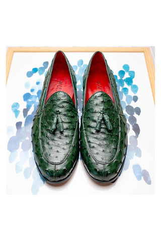 Marco Di Milano Aubiere Exotic Forest Green Ostrich Tassels Loafers (MDM1198)-AmbrogioShoes