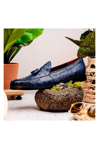 Marco Di Milano Aubiere Exotic Navy Ostrich Tassel Loafers (MDM1198)-AmbrogioShoes
