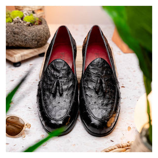 Marco Di Milano Aubiere Men's Shoes Exotic Black Ostrich Tassel Loafers (MDM1198)-AmbrogioShoes