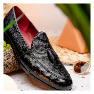 Marco Di Milano Aubiere Men's Shoes Exotic Black Ostrich Tassel Loafers (MDM1198)-AmbrogioShoes