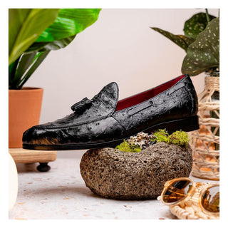 Marco Di Milano Aubiere Men's Shoes Exotic Black Ostrich Tassel Loafers (MDM1198)-AmbrogioShoes
