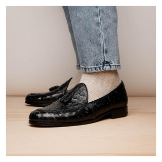 Marco Di Milano Aubiere Men's Shoes Exotic Black Ostrich Tassel Loafers (MDM1198)-AmbrogioShoes