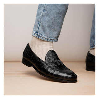 Marco Di Milano Aubiere Men's Shoes Exotic Black Ostrich Tassel Loafers (MDM1198)-AmbrogioShoes