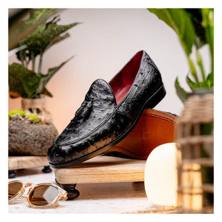 Marco Di Milano Aubiere Men's Shoes Exotic Black Ostrich Tassel Loafers (MDM1198)-AmbrogioShoes