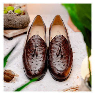 Marco Di Milano Aubiere Men's Shoes Exotic Brown Ostrich Tassels Loafers (MDM1198)-AmbrogioShoes