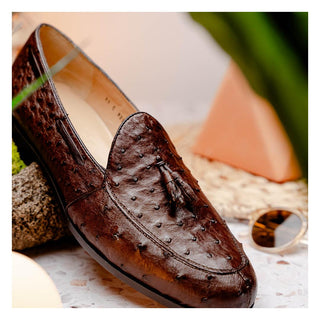 Marco Di Milano Aubiere Men's Shoes Exotic Brown Ostrich Tassels Loafers (MDM1198)-AmbrogioShoes
