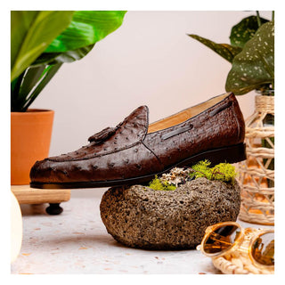 Marco Di Milano Aubiere Men's Shoes Exotic Brown Ostrich Tassels Loafers (MDM1198)-AmbrogioShoes