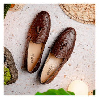 Marco Di Milano Aubiere Men's Shoes Exotic Brown Ostrich Tassels Loafers (MDM1198)-AmbrogioShoes