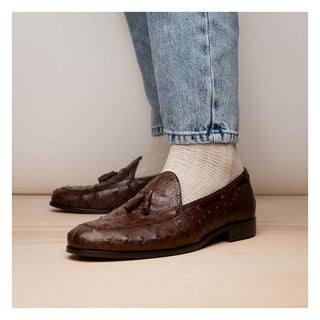 Marco Di Milano Aubiere Men's Shoes Exotic Brown Ostrich Tassels Loafers (MDM1198)-AmbrogioShoes