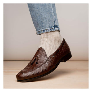 Marco Di Milano Aubiere Men's Shoes Exotic Brown Ostrich Tassels Loafers (MDM1198)-AmbrogioShoes