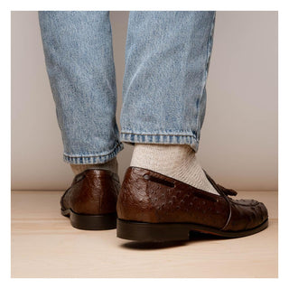 Marco Di Milano Aubiere Men's Shoes Exotic Brown Ostrich Tassels Loafers (MDM1198)-AmbrogioShoes