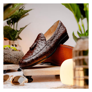 Marco Di Milano Aubiere Men's Shoes Exotic Brown Ostrich Tassels Loafers (MDM1198)-AmbrogioShoes