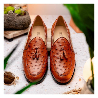 Marco Di Milano Aubiere Men's Shoes Exotic Cognac Ostrich Tassels Loafers (MDM1198)-AmbrogioShoes