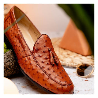 Marco Di Milano Aubiere Men's Shoes Exotic Cognac Ostrich Tassels Loafers (MDM1198)-AmbrogioShoes