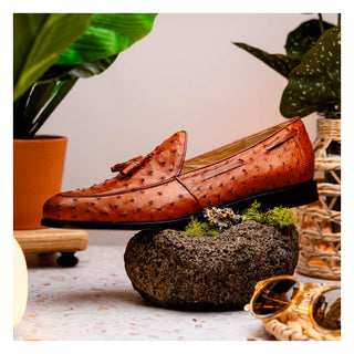 Marco Di Milano Aubiere Men's Shoes Exotic Cognac Ostrich Tassels Loafers (MDM1198)-AmbrogioShoes