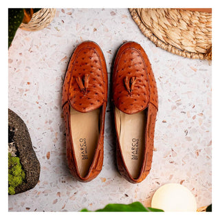 Marco Di Milano Aubiere Men's Shoes Exotic Cognac Ostrich Tassels Loafers (MDM1198)-AmbrogioShoes