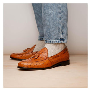 Marco Di Milano Aubiere Men's Shoes Exotic Cognac Ostrich Tassels Loafers (MDM1198)-AmbrogioShoes