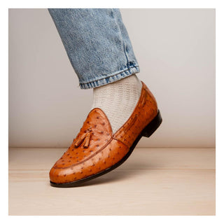 Marco Di Milano Aubiere Men's Shoes Exotic Cognac Ostrich Tassels Loafers (MDM1198)-AmbrogioShoes