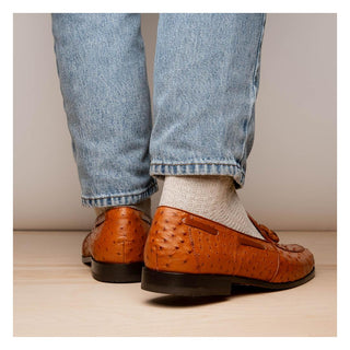 Marco Di Milano Aubiere Men's Shoes Exotic Cognac Ostrich Tassels Loafers (MDM1198)-AmbrogioShoes