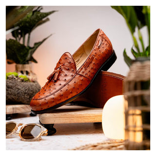 Marco Di Milano Aubiere Men's Shoes Exotic Cognac Ostrich Tassels Loafers (MDM1198)-AmbrogioShoes