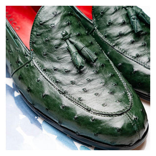 Marco Di Milano Aubiere Men's Shoes Exotic Forest Green Ostrich Tassels Loafers (MDM1198)-AmbrogioShoes
