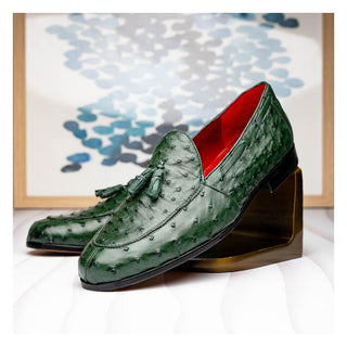 Marco Di Milano Aubiere Men's Shoes Exotic Forest Green Ostrich Tassels Loafers (MDM1198)-AmbrogioShoes