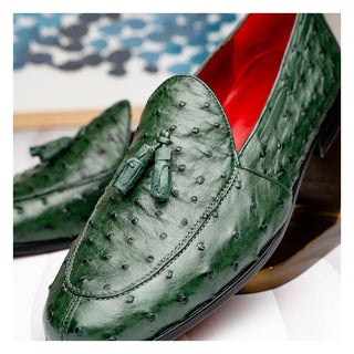 Marco Di Milano Aubiere Men's Shoes Exotic Forest Green Ostrich Tassels Loafers (MDM1198)-AmbrogioShoes
