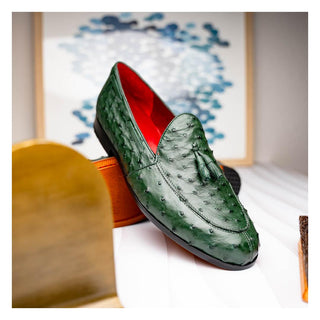 Marco Di Milano Aubiere Men's Shoes Exotic Forest Green Ostrich Tassels Loafers (MDM1198)-AmbrogioShoes