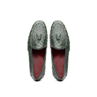 Marco Di Milano Aubiere Men's Shoes Exotic Forest Green Ostrich Tassels Loafers (MDM1198)-AmbrogioShoes