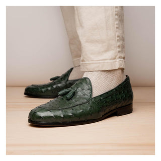 Marco Di Milano Aubiere Men's Shoes Exotic Forest Green Ostrich Tassels Loafers (MDM1198)-AmbrogioShoes