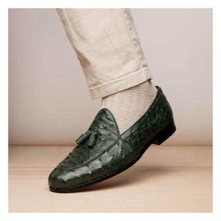 Marco Di Milano Aubiere Men's Shoes Exotic Forest Green Ostrich Tassels Loafers (MDM1198)-AmbrogioShoes